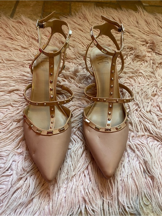 INC International Concepts Shoes - INC International Concepts Nude Studded T-Strap Pointed Heels